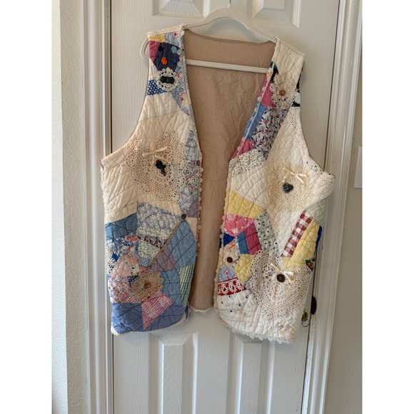 Handmade Patchwork Quilted Boho Vest Lace Crochet Cottagecore XL-2X